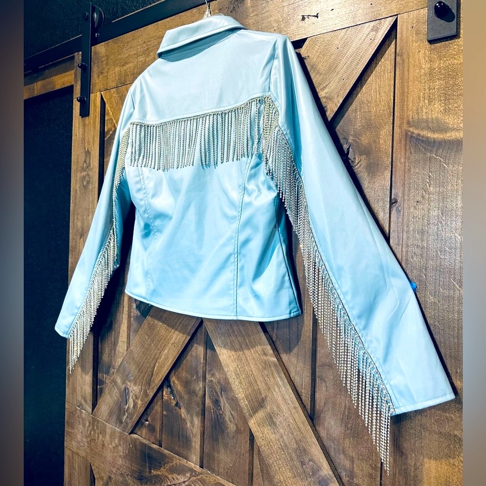 NWOT Blue B Cowgirl Rhinestone Fringe Faux Leather Jacket - Picture 6 of 15